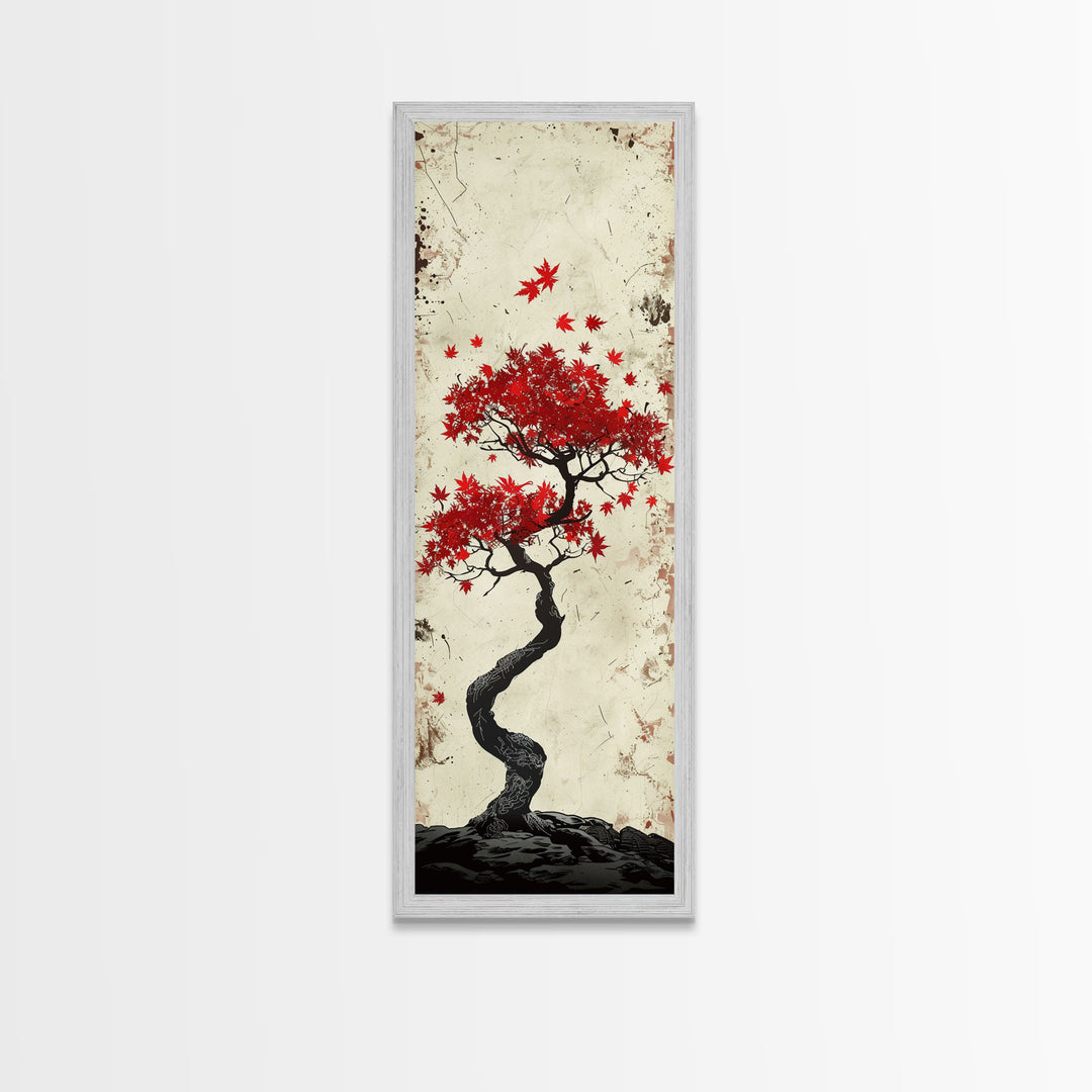 Red Maple Bonsai Tree Japanese Art Skinny Wall Art Framed Canvas Print with Windswept Branches and Red Leaves