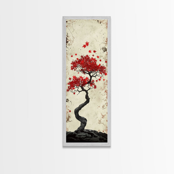 Red Maple Bonsai Tree Japanese Art Skinny Wall Art Framed Canvas Print with Windswept Branches and Red Leaves