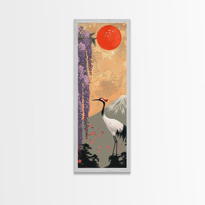 Japanese Crane Skinny Wall Art Framed Canvas Print in a Garden with Wisteria Flowers and Mount Fuji in the Background