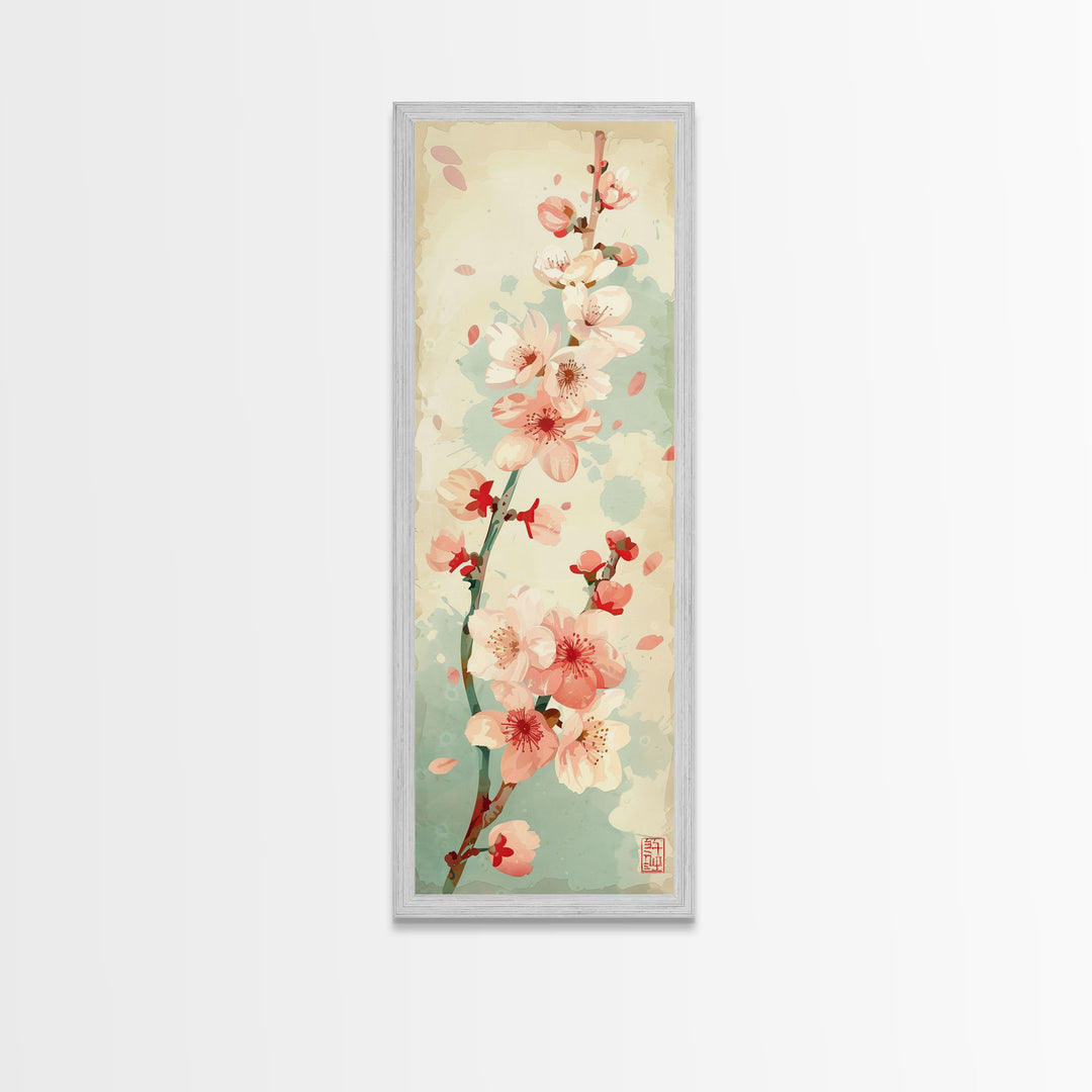 Cherry Blossom Japanese Art Skinny Wall Art Framed Canvas Print in Light Pastel Colors on Branch Against Subtle Green Background