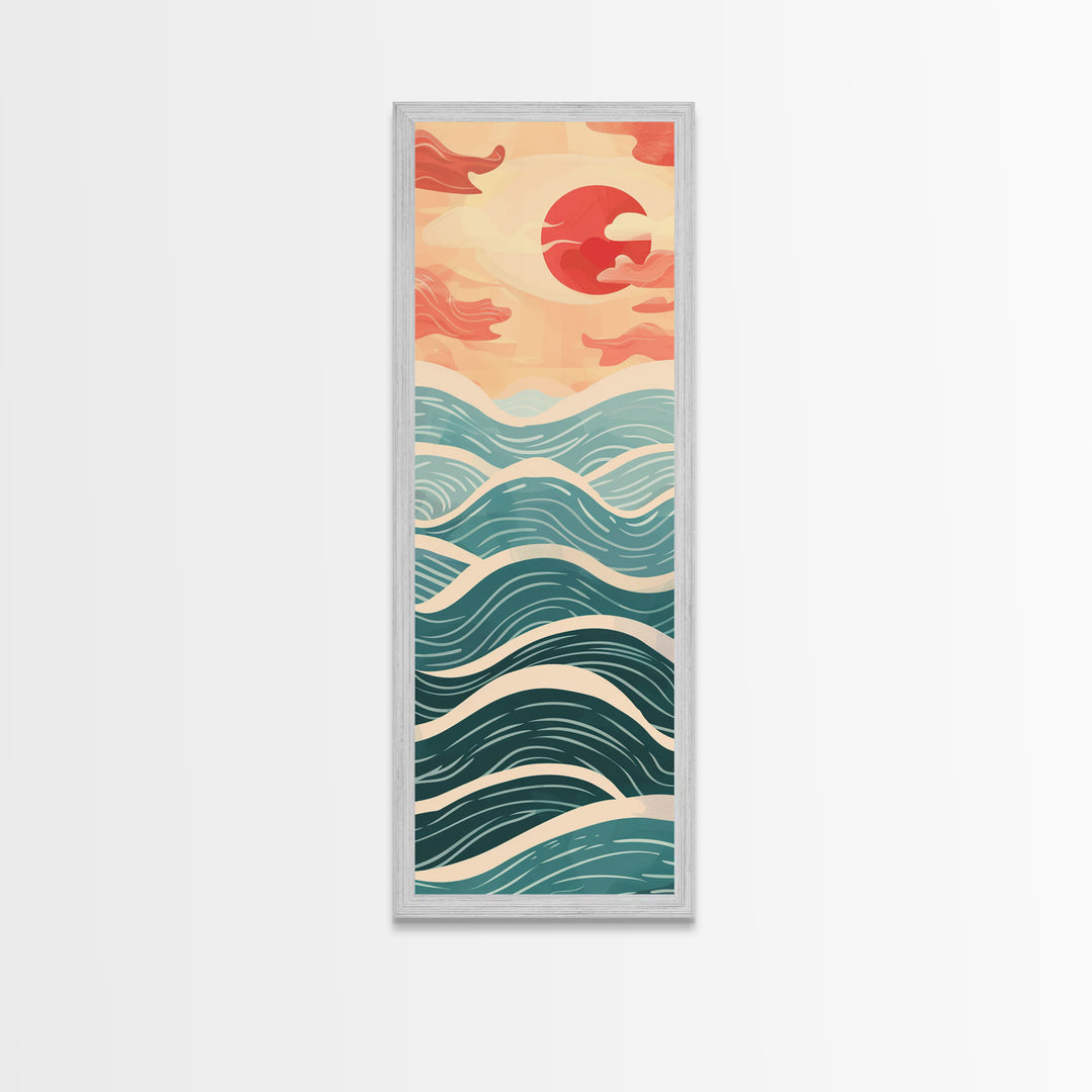 Ocean Waves and Red Sun Japanese Art Skinny Wall Art Framed Canvas Print in Minimalist Style with Dynamic Flowing Waves