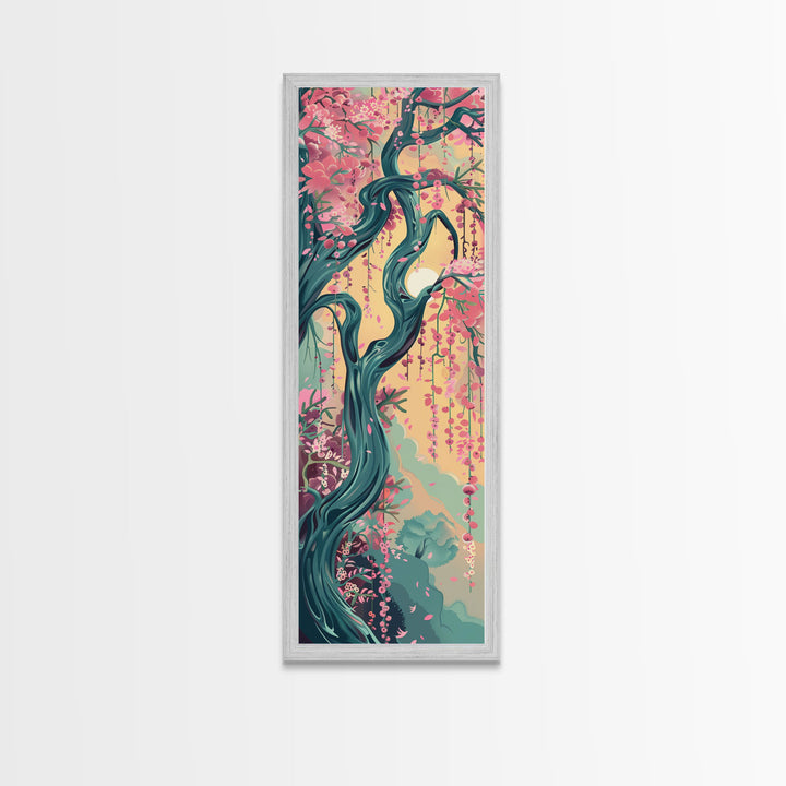 Japanese Garden Tree Skinny Wall Art Framed Canvas Print with Twisting Branches and Pink Blossoms in Warm Sunset Colors