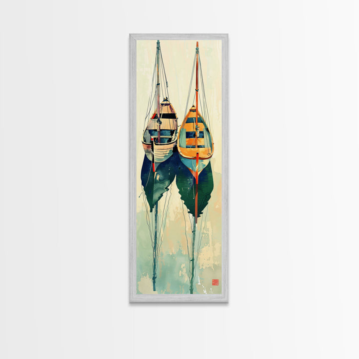 Reflective Calm Sailboats In The Harbor – Framed Canvas Print Featuring Skinny Art With Ukiyo-E Art And Japanese Style Art Tall Art Display