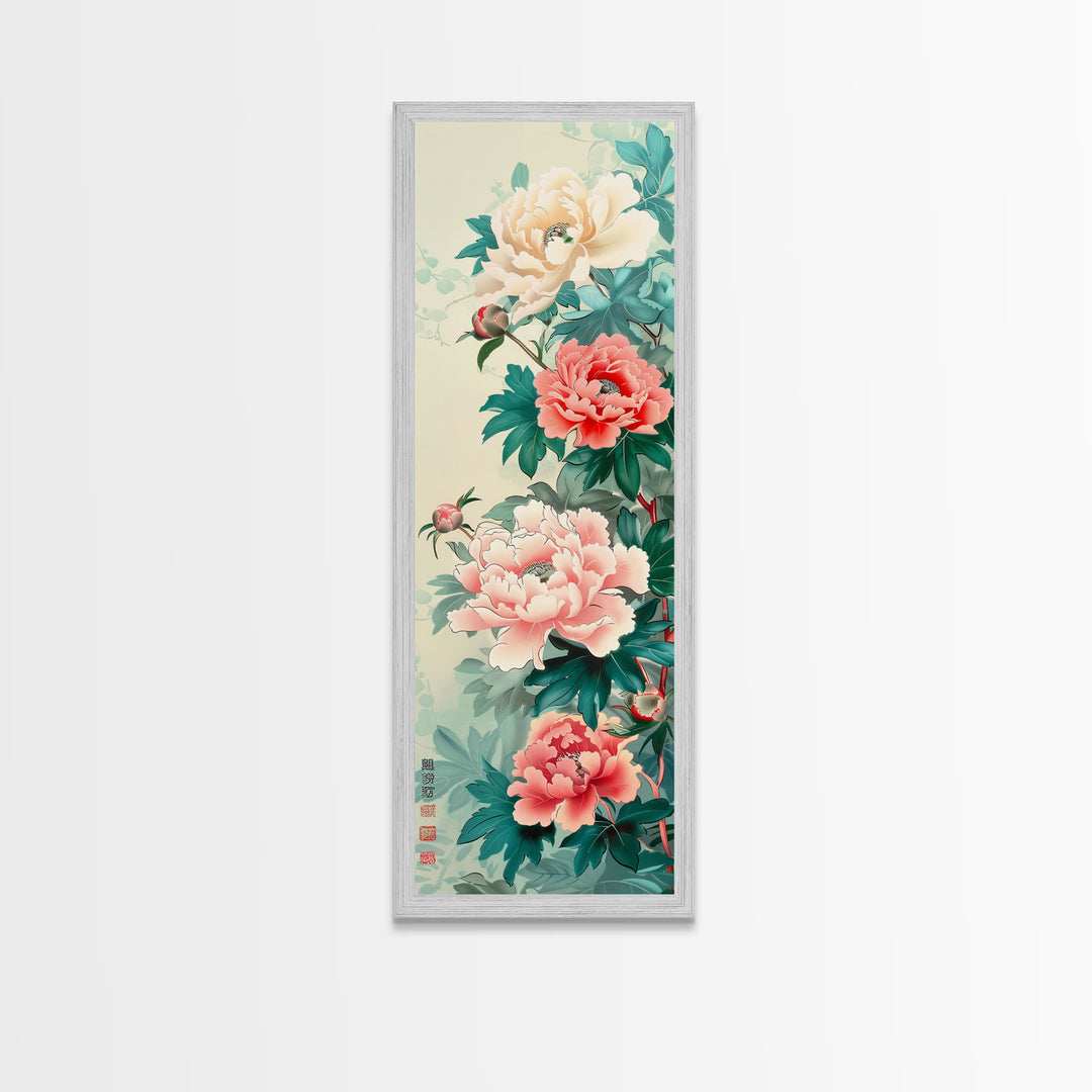 Japanese Style Art, Skinny Art, Tall Art, Peonies In Bloom Wood Block Print Framed Canvas Print Ukiyo-e Art