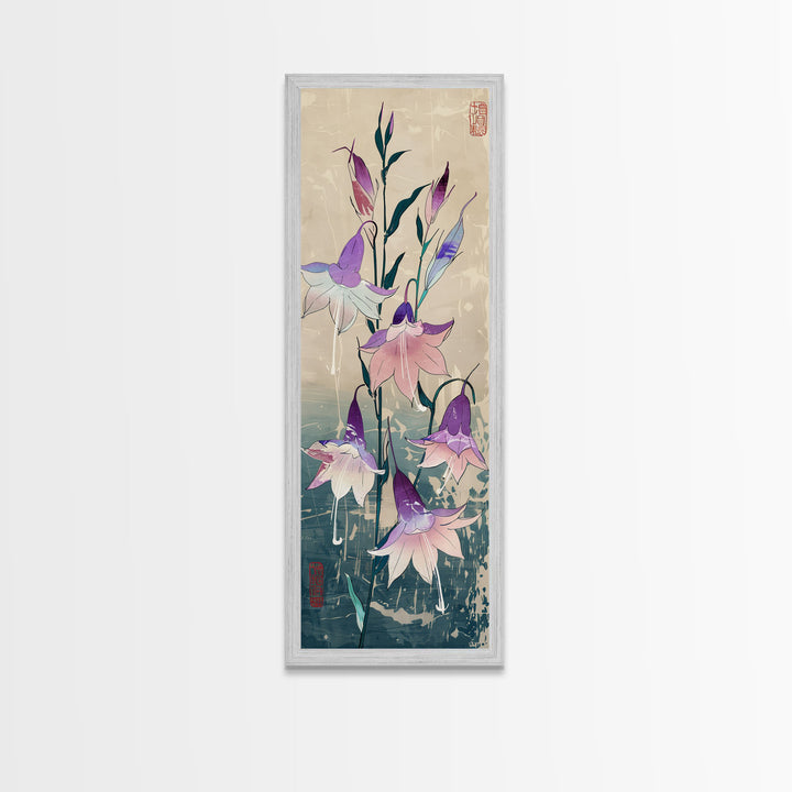 Tall Art Featuring Elegant Bellflowers In Soft Purples And Pinks Against A Muted Background, Skinny Art, Japanese Style Art, Ukiyo-e Art, Framed Canvas Print, Wood Block Print