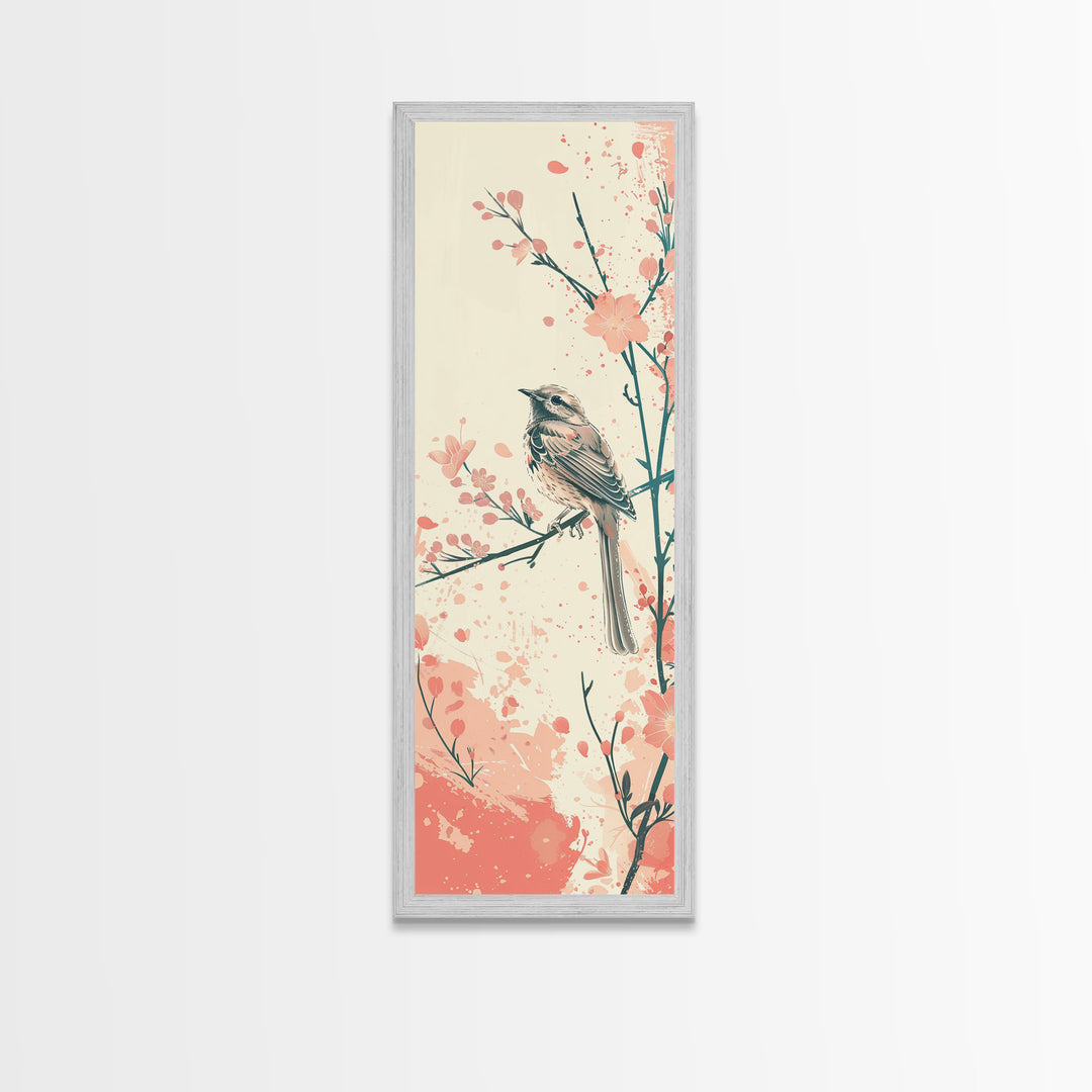 Perched Bird Among Blossoming Cherry Branches – Framed Canvas Print With Skinny Art And Tall Art Inspired By Ukiyo-E Art And Japanese Style Art