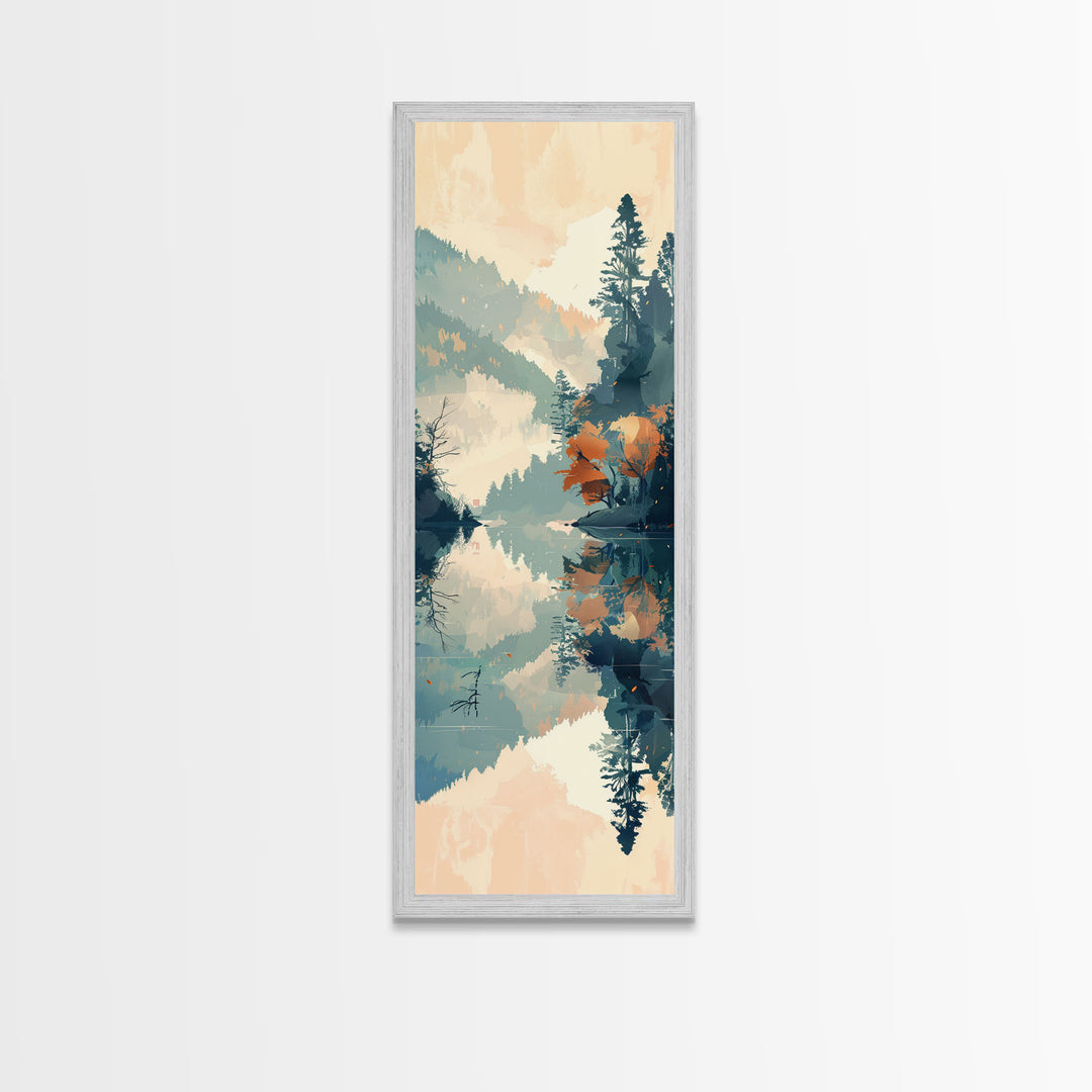 Ukiyo-e Art Depicting A Peaceful Lake Surrounded By Misty Mountains And Autumn Trees, Skinny Art, Tall Art, Framed Canvas Print, Japanese Style Art, Wood Block Print