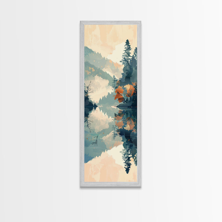 Ukiyo-e Art Depicting A Peaceful Lake Surrounded By Misty Mountains And Autumn Trees, Skinny Art, Tall Art, Framed Canvas Print, Japanese Style Art, Wood Block Print