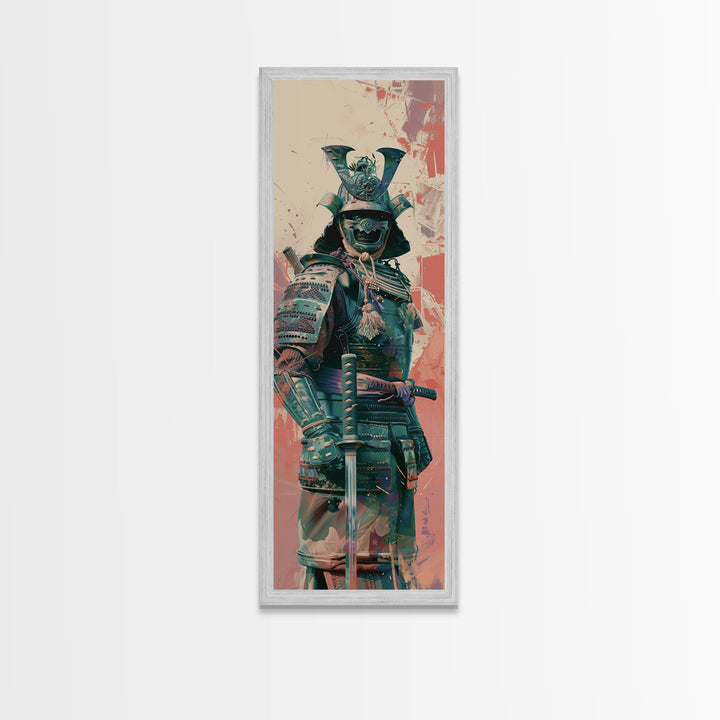 Skinny Art Tall Art Samurai Armor Wood Block Print Japanese Style Art Featuring Fierce Warrior In Full Battle Gear Framed Canvas Print