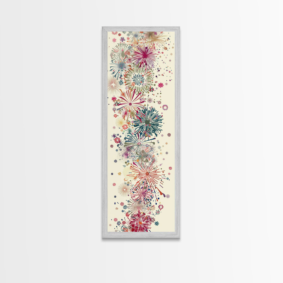 Skinny Art Tall Art Floral Burst Wood Block Print Japanese Style Art Vivid Explosions Of Colors Framed Canvas Print