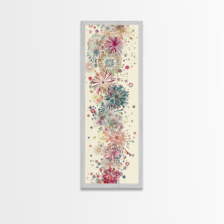 Skinny Art Tall Art Floral Burst Wood Block Print Japanese Style Art Vivid Explosions Of Colors Framed Canvas Print