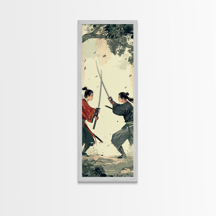 Skinny Art Tall Art Samurai Duel Wood Block Print Japanese Style Art Intense Battle Between Two Warriors Framed Canvas Print