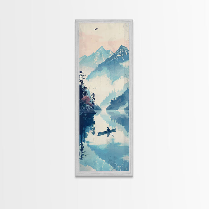 Serene Rowboat On A Misty Lake With Mountains – Framed Canvas Print Showcasing Skinny Art With Ukiyo-E Art And Japanese Style Art Tall Art