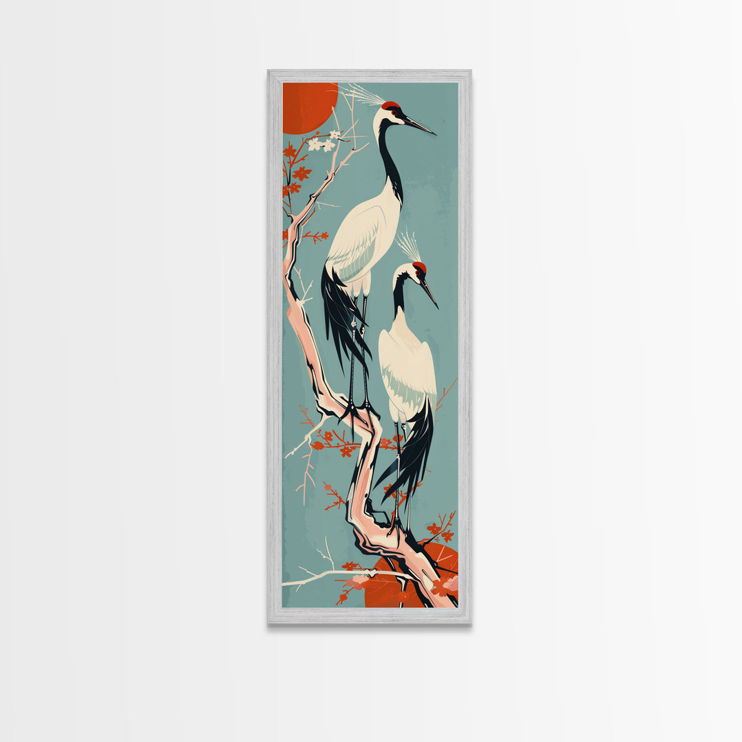 Pair Of Cranes Perched On Branch Against Orange Sun Background Skinny Art Wood Block Print Framed Canvas Print