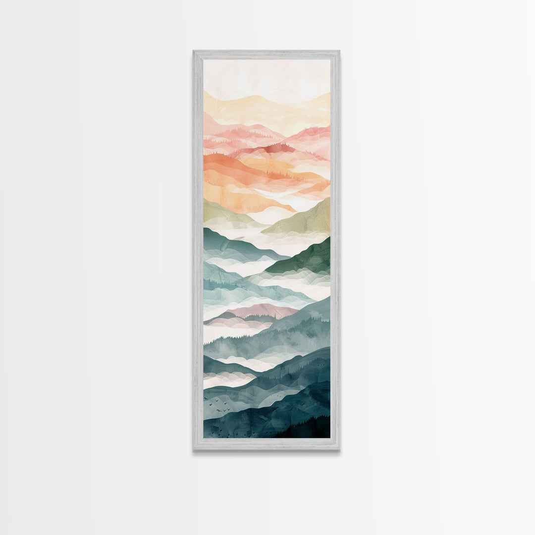 Rolling Hills And Layered Mountains In Soft Pastel Hues Ukiyo-e Wood Block Print Skinny Art Framed Canvas Print