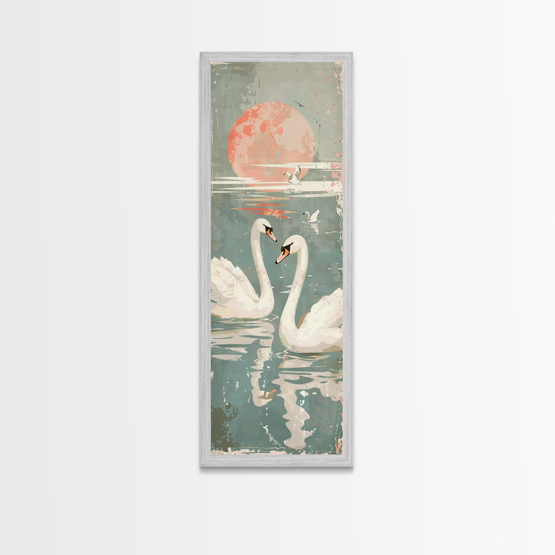 Graceful Swans With Peaceful Lake And Reflecting Sun Ukiyo-e Wood Block Skinny Tall Japanese Style Art Framed Canvas Print