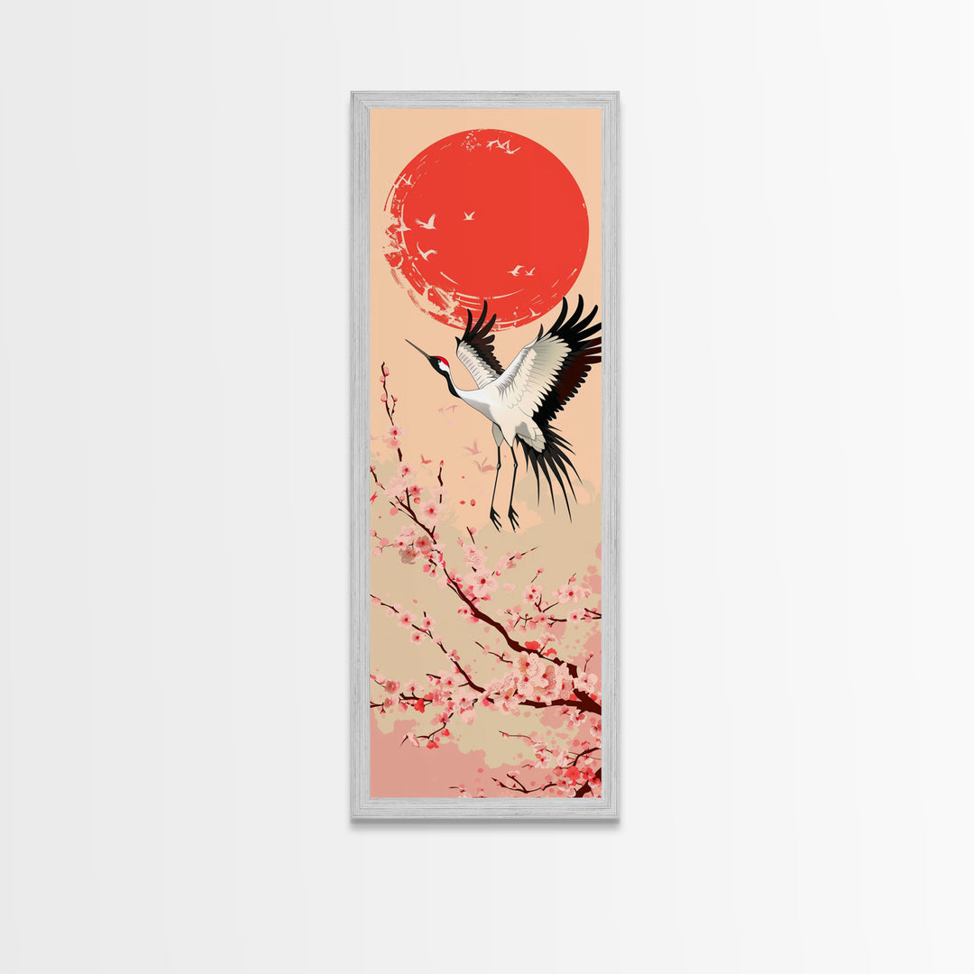 Elegant Crane Bird In Mid-flight Against Bold Red Sun Ukiyo-e Tall Skinny Wood Block Framed Canvas Print Japanese Style Art