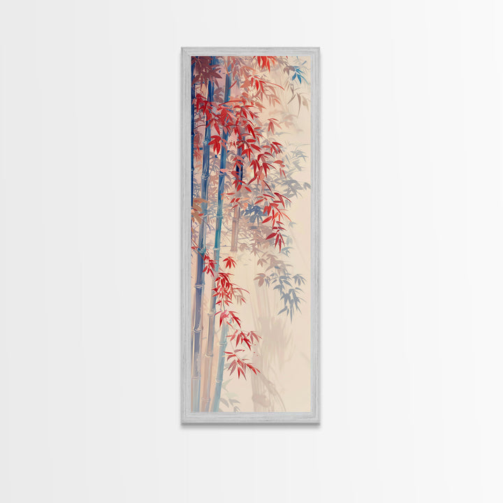 Graceful Bamboo Stalks And Red Leaves In Gentle Wind Ukiyo-e Tall Skinny Wood Block Framed Canvas Print Japanese Style Art