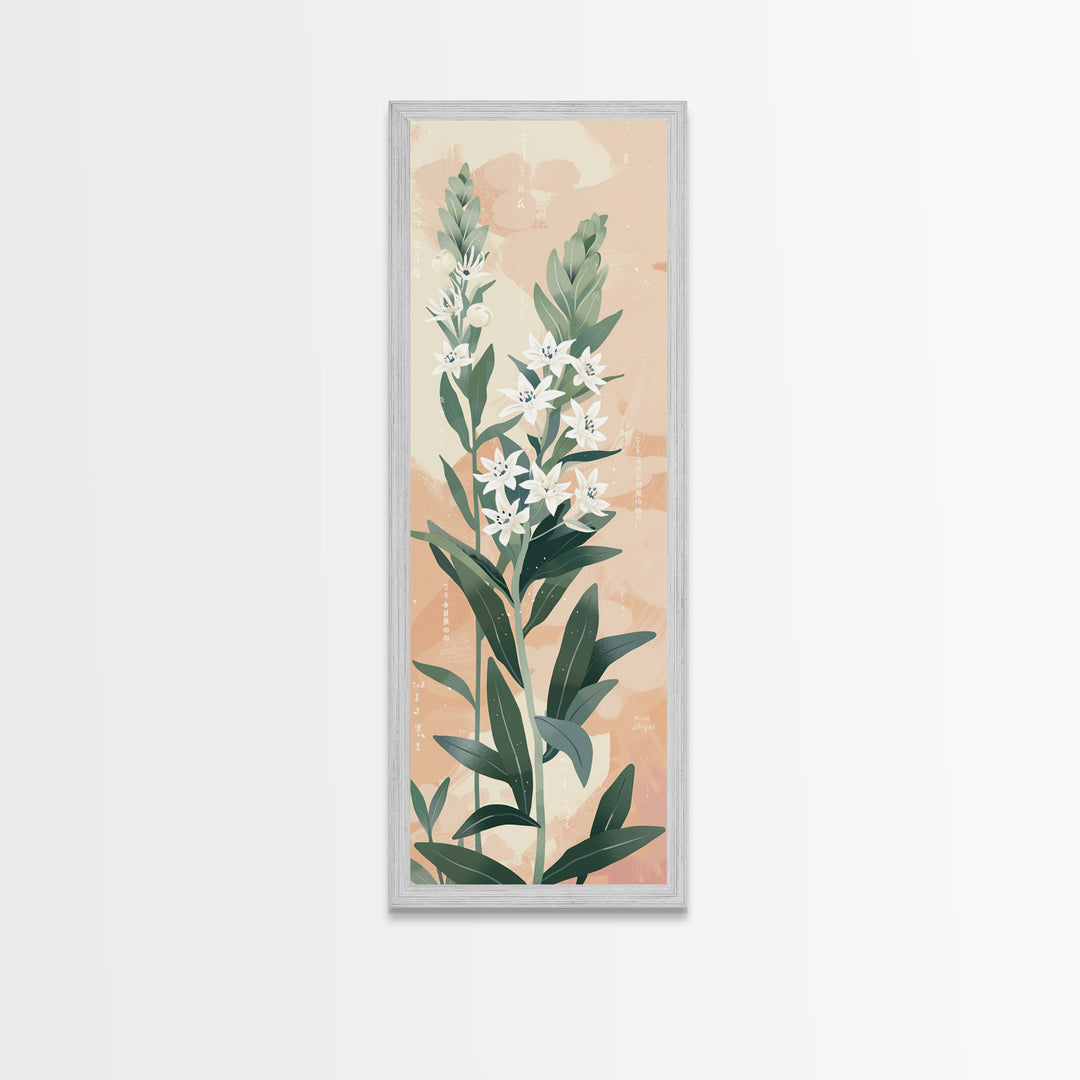 Elegant White Flowers On Tall Stems With Soft Background For Modern Wall Art Decor Ukiyo-e Japanese Style Art Framed Canvas Print