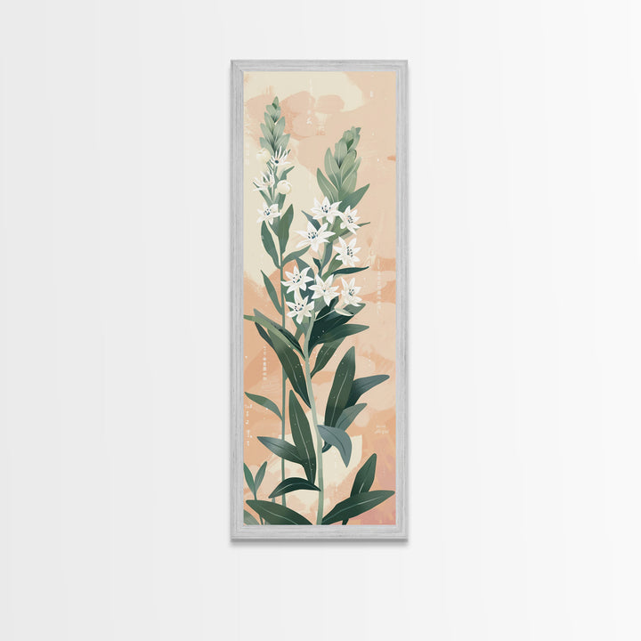Elegant White Flowers On Tall Stems With Soft Background For Modern Wall Art Decor Ukiyo-e Japanese Style Art Framed Canvas Print