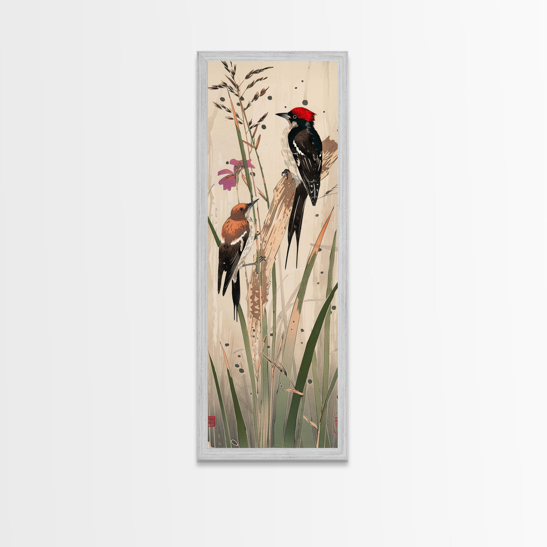 Detailed Woodpeckers Perched On Stems Amid Nature For Rustic Wall Art Ukiyo-e Japanese Style Art Skinny Framed Canvas Print