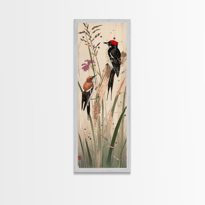 Detailed Woodpeckers Perched On Stems Amid Nature For Rustic Wall Art Ukiyo-e Japanese Style Art Skinny Framed Canvas Print
