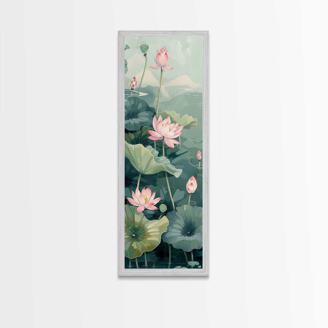 Tranquil Lotus Flowers And Large Green Leaves In Pond For Calming Nature Wall Art Ukiyo-e Japanese Style Art Canvas Print