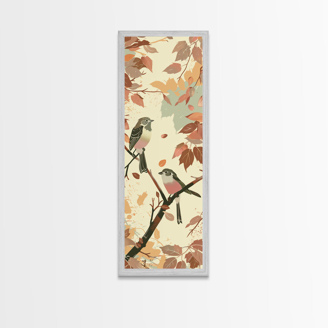 Charming Small Birds On Autumn Branches For Cozy Fall-Themed Wall Art Japanese Style Framed Canvas Print