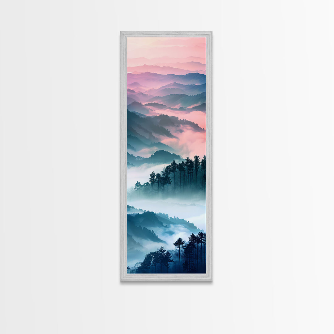 Dreamy Layers Of Misty Mountains At Dawn – Framed Canvas Print Skinny Art And Tall Art, Emphasizing Ukiyo-E Art And Japanese Style Art