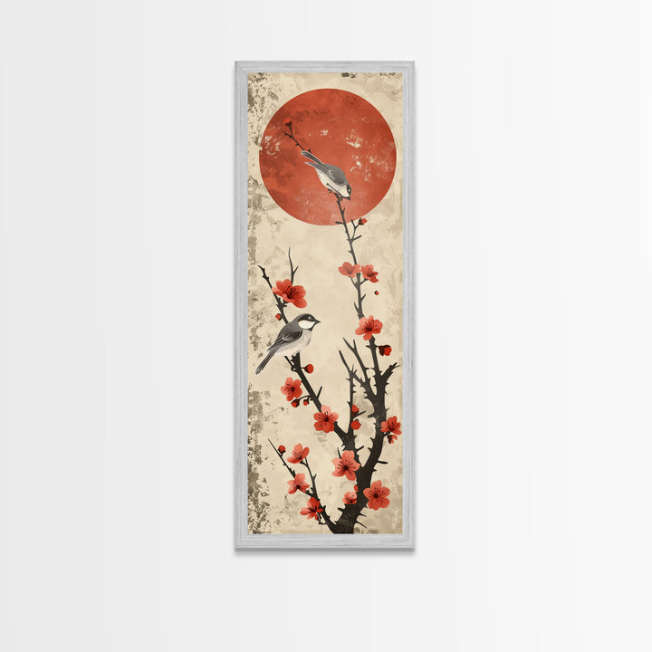 Delicate Birds Perched On Blooming Branch With Red Sun For Traditional Japanese Wall Art Decor Ukiyo-e Style Framed Canvas Print