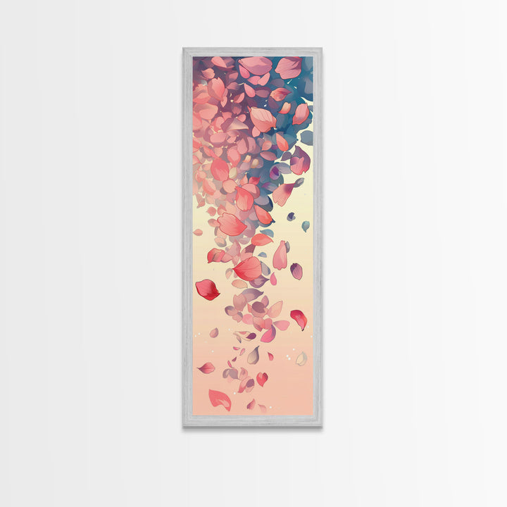Cascading Pink Petals In Delicate Canvas, Tall Skinny Framed Wall Art For Feng Shui-Inspired Spaces, Japanese Style Art