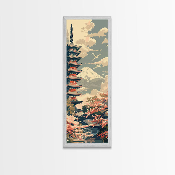 Japanese Pagoda With Mt Fuji And Cherry Blossoms – Framed Canvas Print Featuring Skinny Art Tall Art, Highlighting Ukiyo-E Art And Japanese Style Art