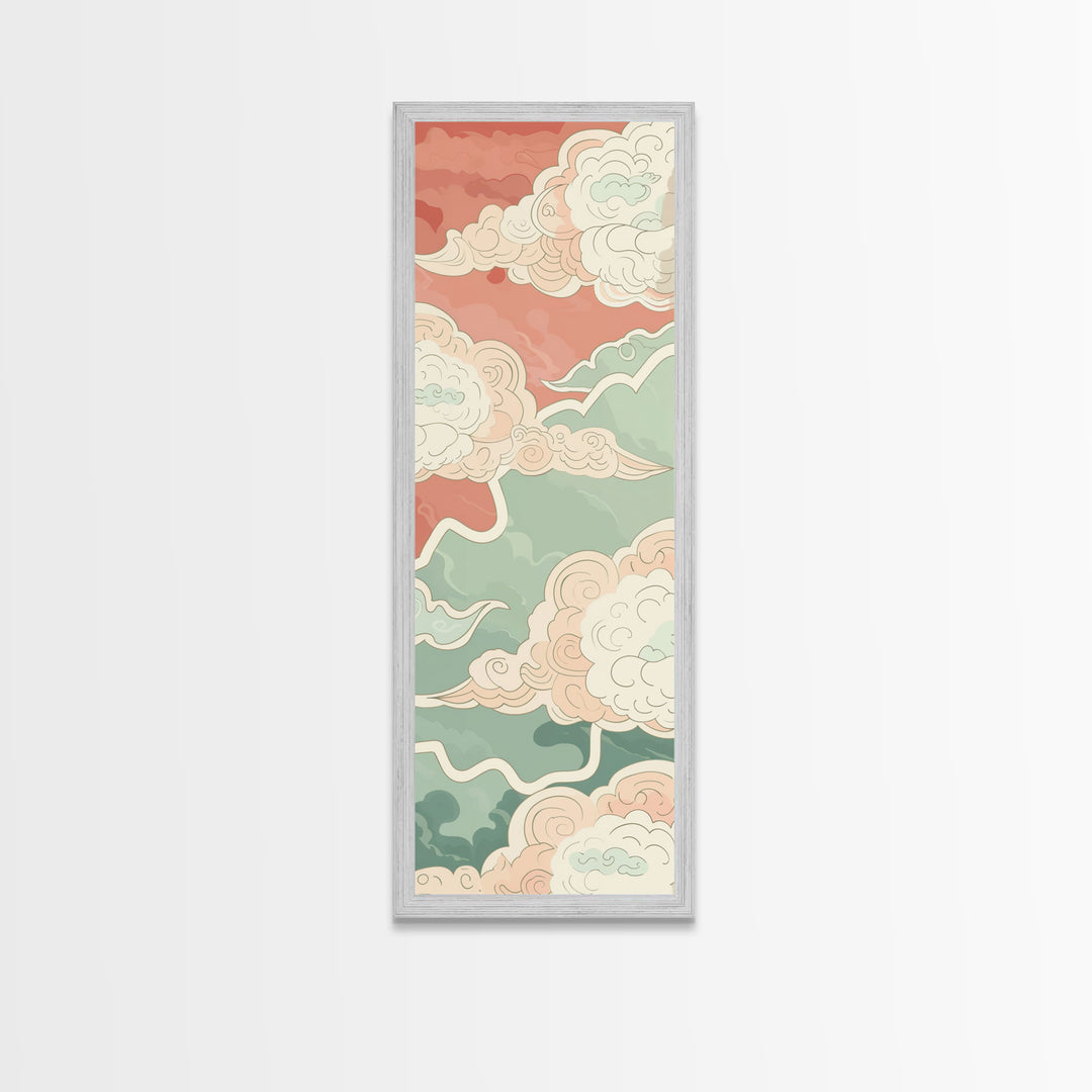Traditional Japanese Cloud Design In Pastel Colors, Ukiyo-e Style Canvas, Framed Canvas Print, Tall Skinny Japanese Wall Art, Ready To Hang