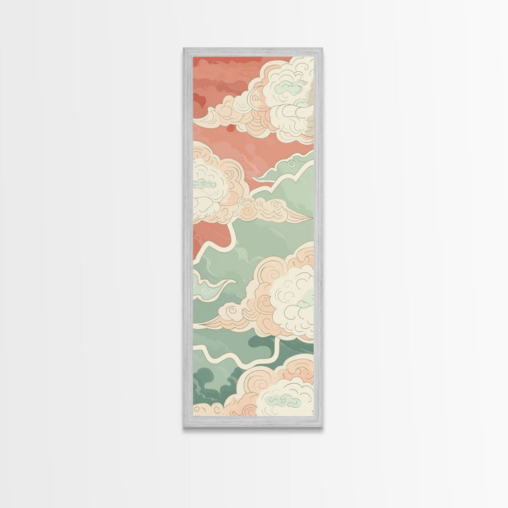 Traditional Japanese Cloud Design In Pastel Colors, Ukiyo-e Style Canvas, Framed Canvas Print, Tall Skinny Japanese Wall Art, Ready To Hang