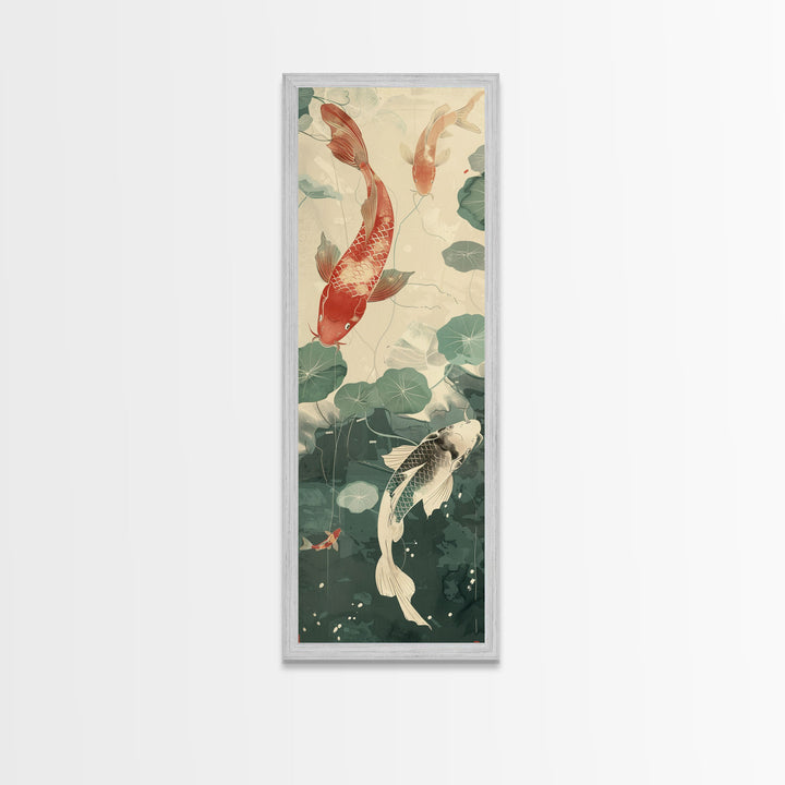 Koi Fish Swimming Among Lilypads In A Calm Pond – Framed Canvas Print Showcasing Skinny Art And Tall Art With Ukiyo-E Art And Japanese Style Art