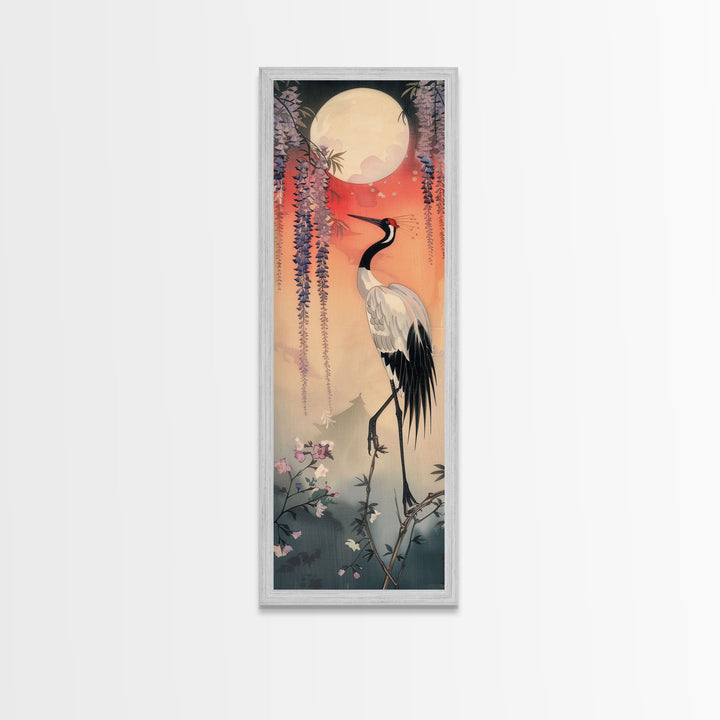 Japanese Crane With Moon And Wisteria - Skinny Art Tall Art Framed Canvas Print Japanese Style Art Ukiyo-e Art