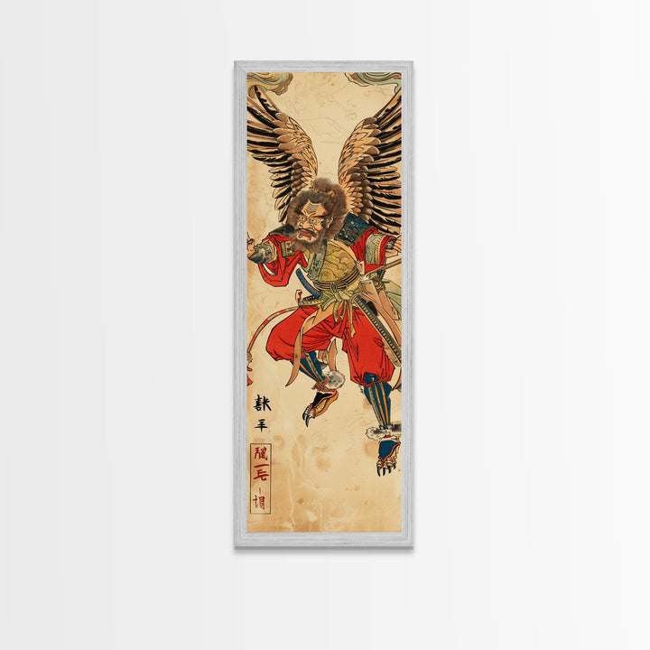 Samurai Warrior With Eagle Wings - Skinny Art Tall Art Framed Canvas Print Japanese Style Art Ukiyo-e Art