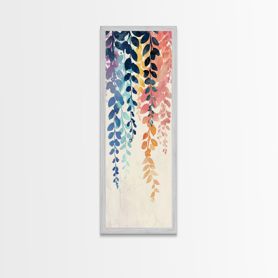 Colorful Leaves Hanging From Branches - Skinny Art Tall Art Framed Canvas Print Japanese Style Art Ukiyo-e Art