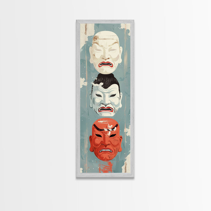 Japanese Masks In A Vertical Display - Skinny Art Tall Art Framed Canvas Print Japanese Style Art Ukiyo-e Art