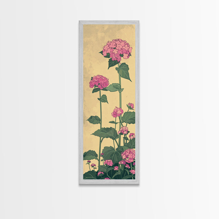 Pink Hydrangea Flowers In Bloom - Skinny Art Tall Art Framed Canvas Print Japanese Style Art Ukiyo-e Art
