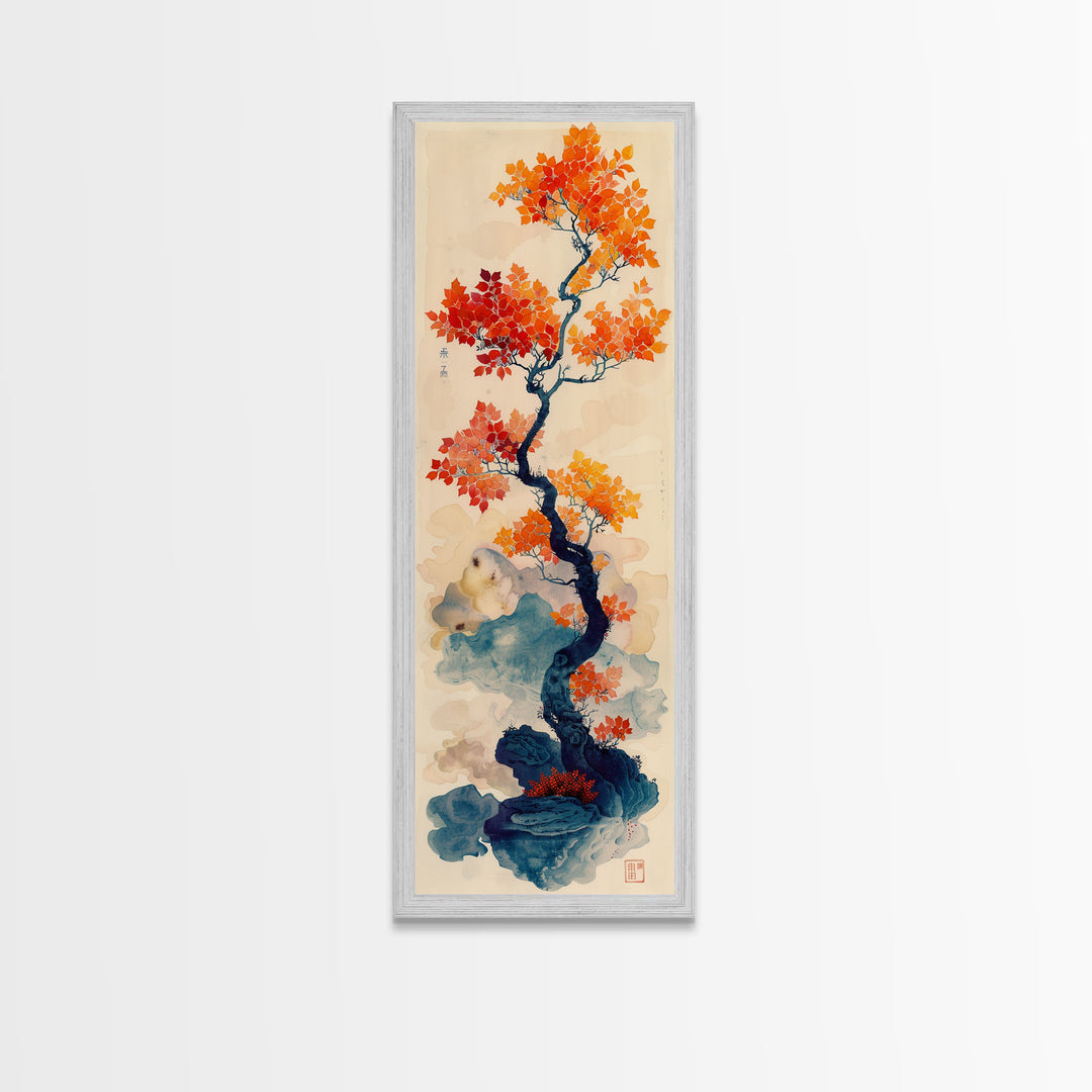Japanese Maple Tree In Autumn Colors, Ukiyo-e Woodblock Print Style Canvas, Framed Canvas Print, Tall Skinny Japanese Wall Art, Ready To Hang