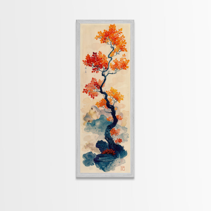 Japanese Maple Tree In Autumn Colors, Ukiyo-e Woodblock Print Style Canvas, Framed Canvas Print, Tall Skinny Japanese Wall Art, Ready To Hang