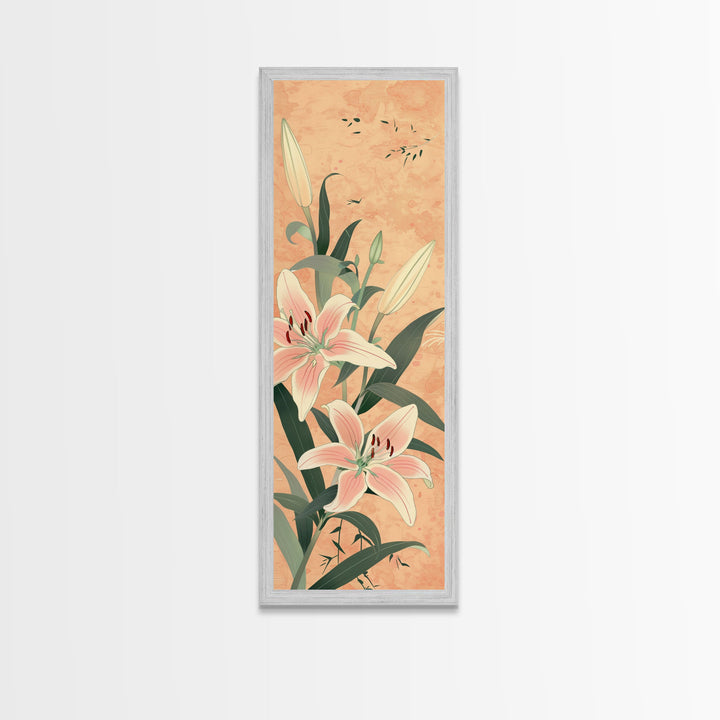 Delicate Lily Flowers Blooming In Japanese Style Ukiyo-e Art Framed Canvas Print Skinny Art Tall Art