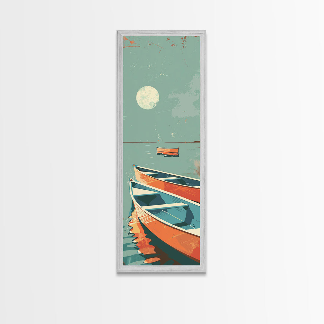 Moonlit Boats Drifting On Calm Waters In Japanese Style Ukiyo-e Art Framed Canvas Print Skinny Art Tall Art