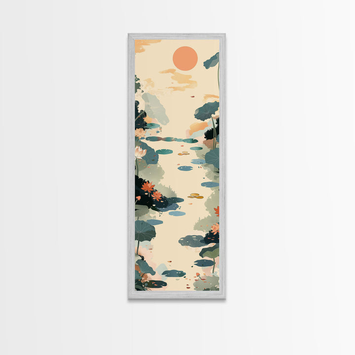 Tranquil Pond With Lotus Flowers And Leaves In Japanese Style Ukiyo-e Art Framed Canvas Print Skinny Art Tall Art