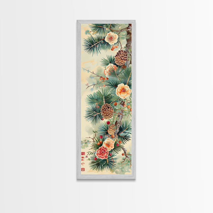 Pine Tree Branches With Blossoms And Pine Cones In Japanese Style Ukiyo-e Art Framed Canvas Print Skinny Art Tall Art