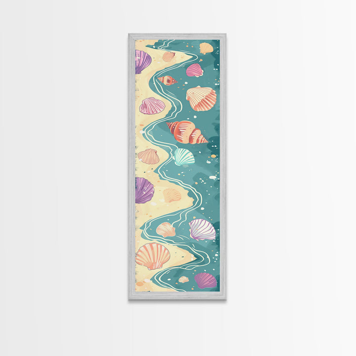 Shells On Shoreline Canvas In Ukiyo-e Style, Japanese Woodblock Print, Framed Canvas Print, Tall Skinny Japanese Wall Art, Ready To Hang
