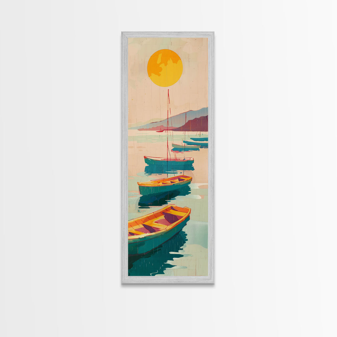Rowboats And Golden Sun On Calm Water Skinny Art Wood Block Print Japanese Style Art Framed Canvas Print Tall Art Ukiyo-e Art