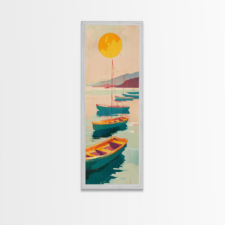 Rowboats And Golden Sun On Calm Water Skinny Art Wood Block Print Japanese Style Art Framed Canvas Print Tall Art Ukiyo-e Art