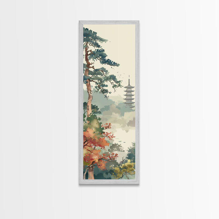 Pagoda And Pine Tree In Misty Landscape Skinny Art Wood Block Print Japanese Style Art Framed Canvas Print Tall Art Ukiyo-e Art